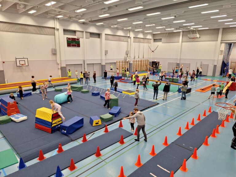 Liikuntasali yläkulmasta kuvattuna, jossa ihmisiä eri toiminnoissa.