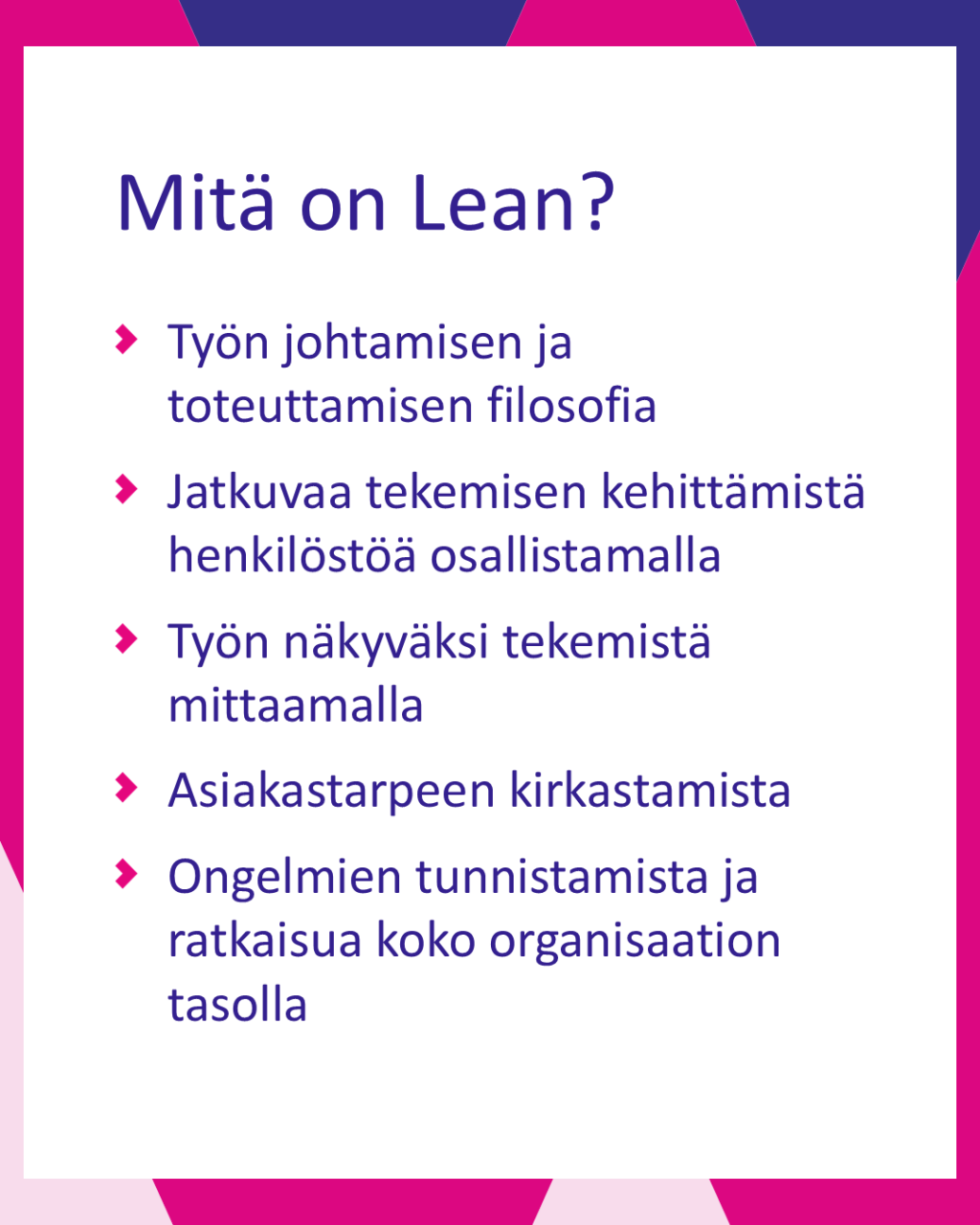 Infografiikka siitä, mitä Lean menetelmällä tarkoitetaan